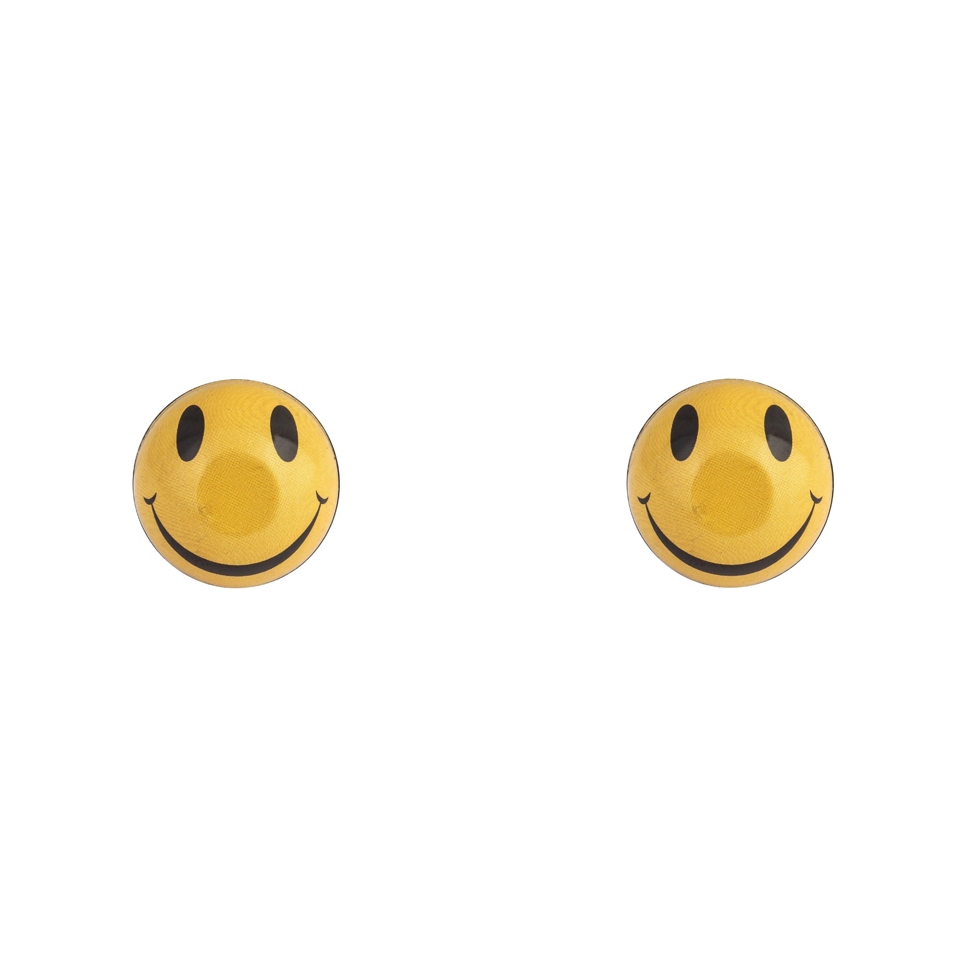 Two yellow smiley face buttons on a white background