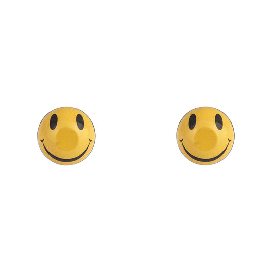 Two yellow smiley face buttons on a white background