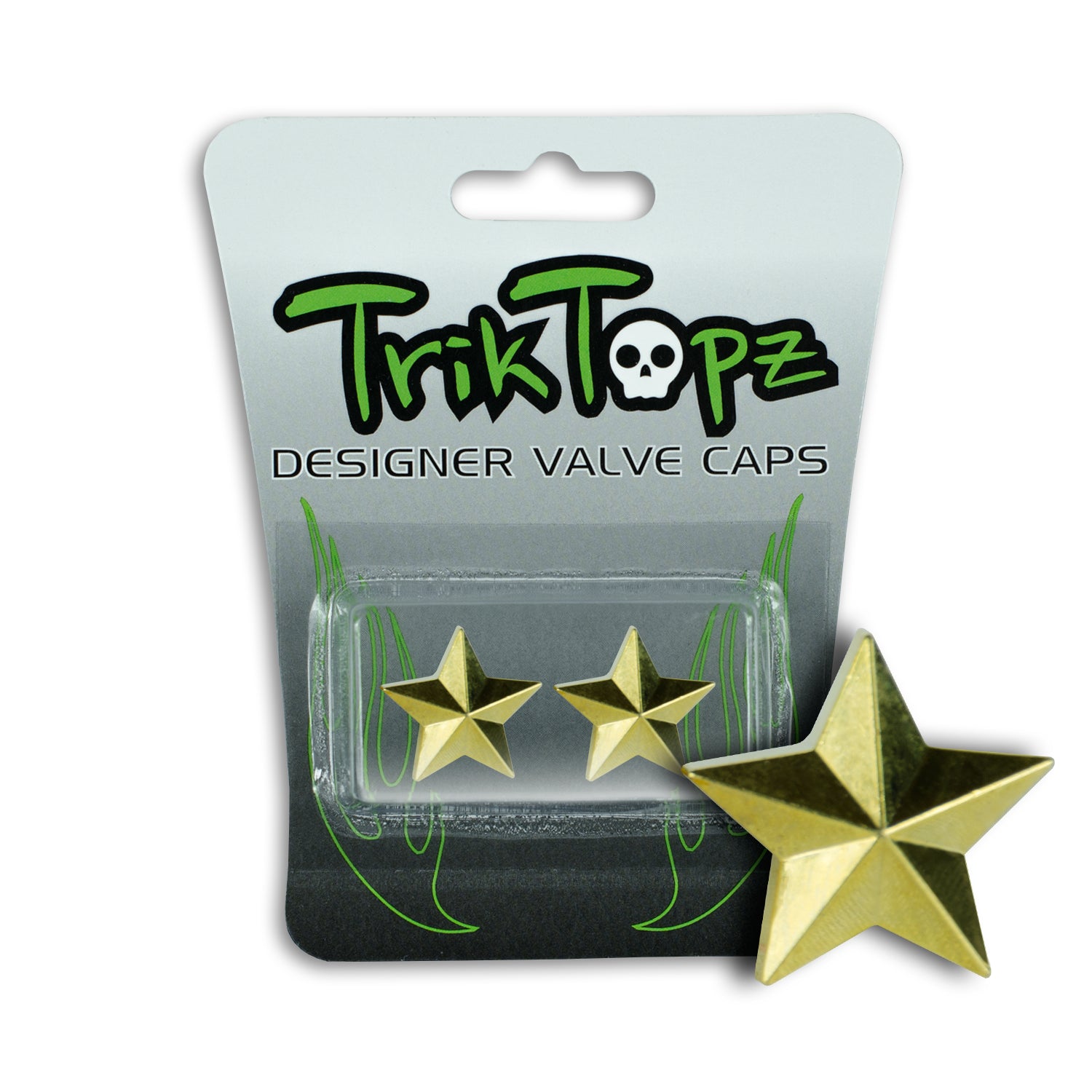 Gold star-shaped valve caps with Trik Topz packaging on a white background