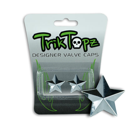 Star-shaped valve caps with Trik Topz packaging on a white background