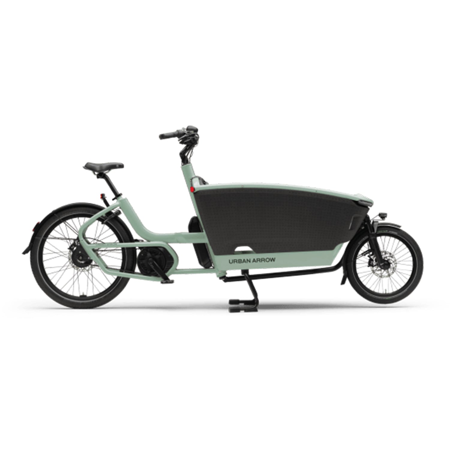 Green cargo bike with black seat on a white background