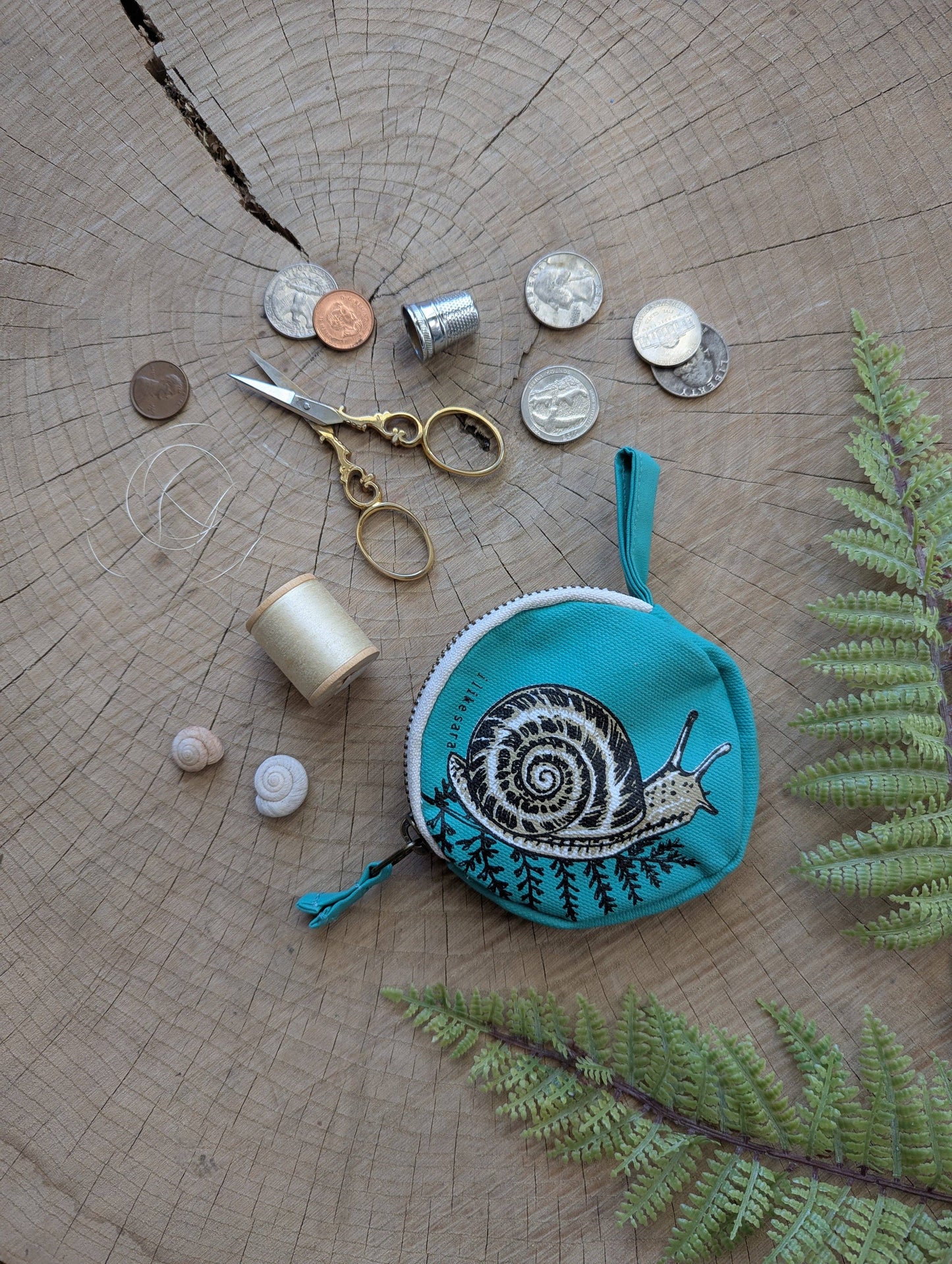 ilikesara | art + goods - Coin pouch | snail - teal zipper bag with waterproof lining