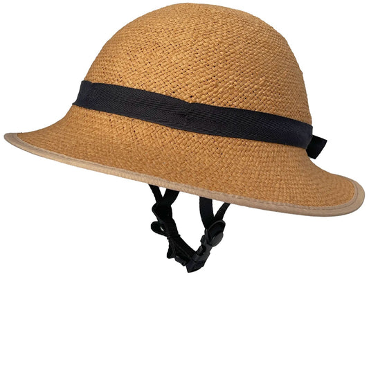 Beige straw hat bike helmet with a black band on a white background 