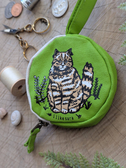 ilikesara | art + goods - Coin pouch | cat - green zipper bag with waterproof lining