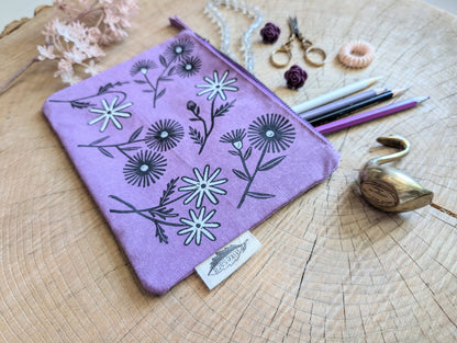 ilikesara | art + goods - Zippered pouch | bloom - purple floral pencil, supply, makeup bag with waterproof lining