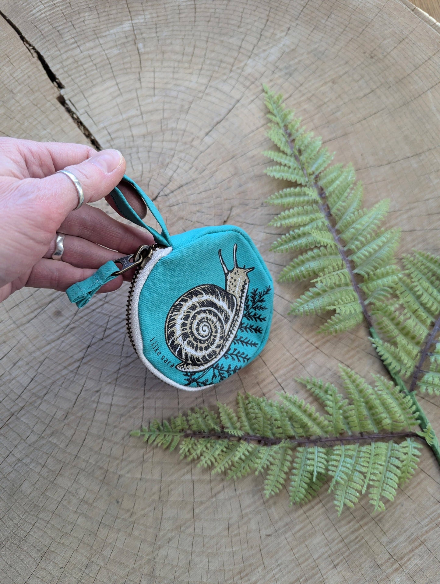 ilikesara | art + goods - Coin pouch | snail - teal zipper bag with waterproof lining