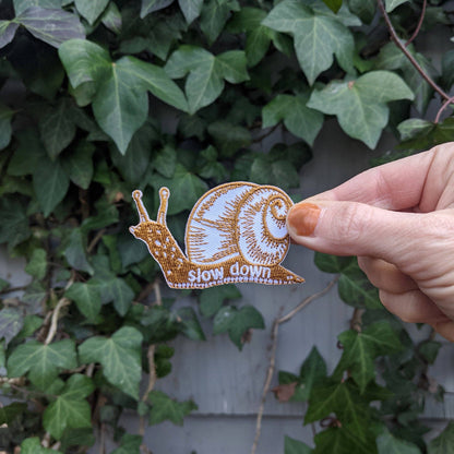 ilikesara | art + goods - Iron-on patch | slow down snail - brown 1.6" x 2.6"