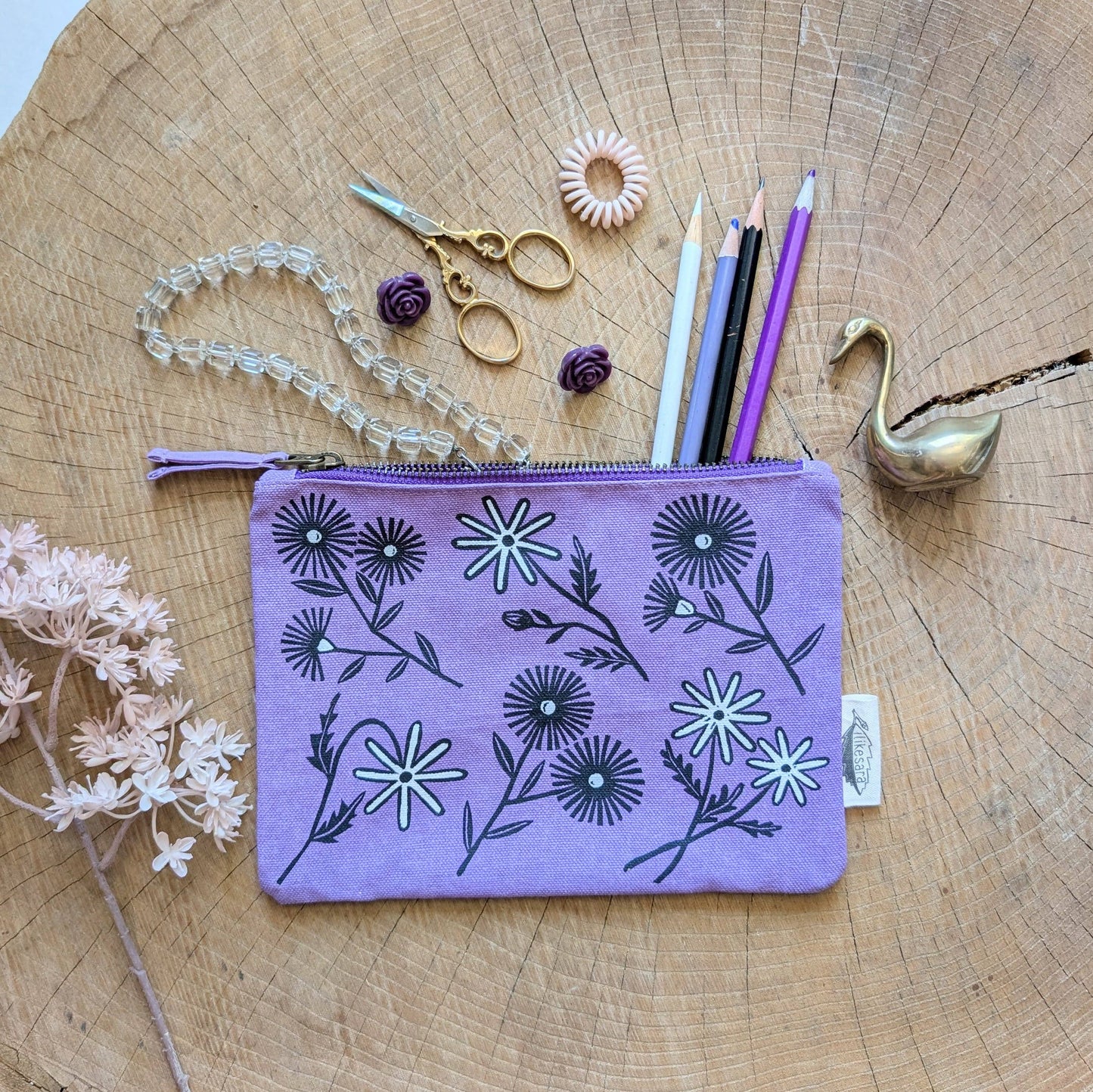 ilikesara | art + goods - Zippered pouch | bloom - purple floral pencil, supply, makeup bag with waterproof lining