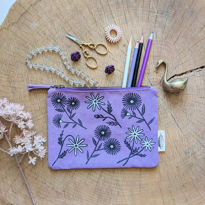 ilikesara | art + goods - Zippered pouch | bloom - purple floral pencil, supply, makeup bag with waterproof lining