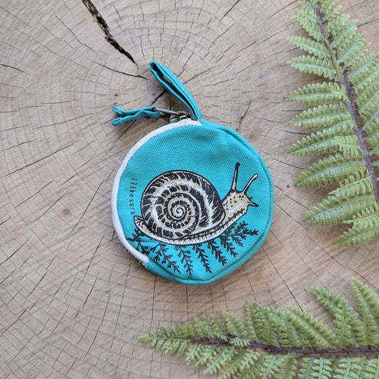 ilikesara | art + goods - Coin pouch | snail - teal zipper bag with waterproof lining