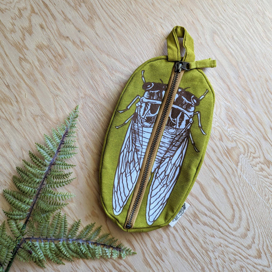 ilikesara | art + goods - Zippered pouch | cicada - yellow & brown bug/insect pencil, supply, makeup bag with waterproof lining