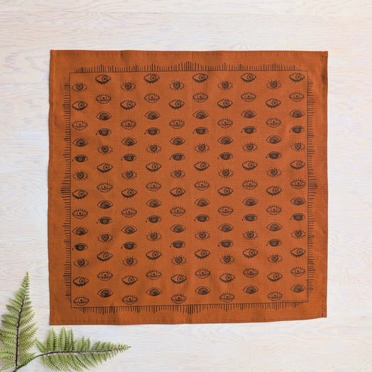 ilikesara | art + goods - Bandana | eyeball - orange & brown folky blockprint eye scarf neckerchief
