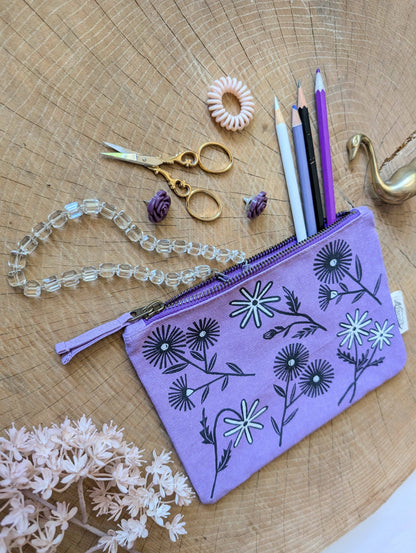 ilikesara | art + goods - Zippered pouch | bloom - purple floral pencil, supply, makeup bag with waterproof lining