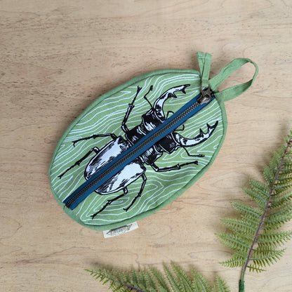 ilikesara | art + goods - Zippered pouch | stag beetle - green insect/bug pencil, supply, makeup bag with waterproof lining