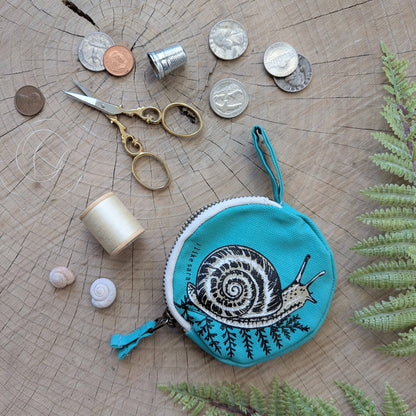 ilikesara | art + goods - Coin pouch | snail - teal zipper bag with waterproof lining