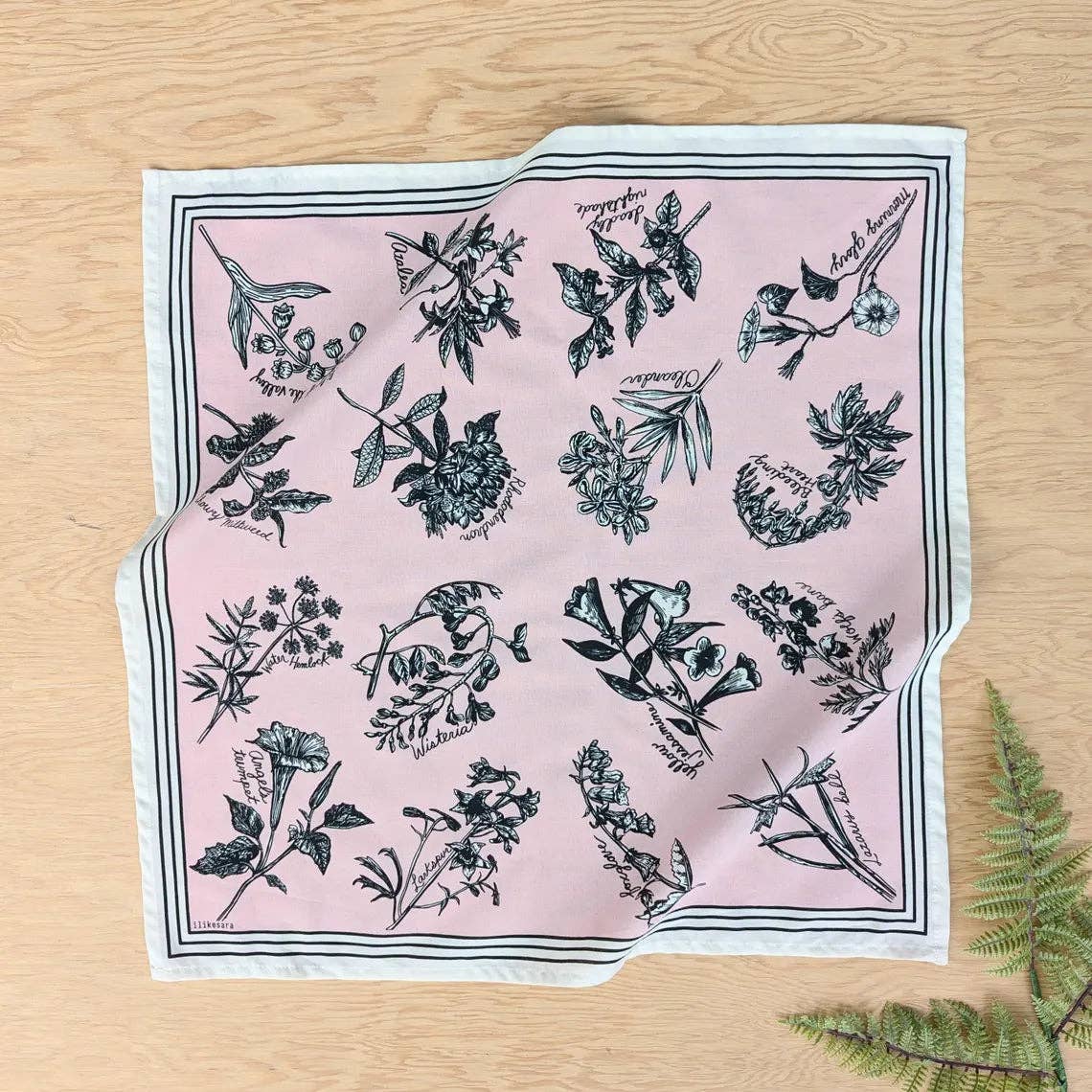ilikesara | art + goods - Bandana | fatal florals - pink screenprinted poison flower scarf