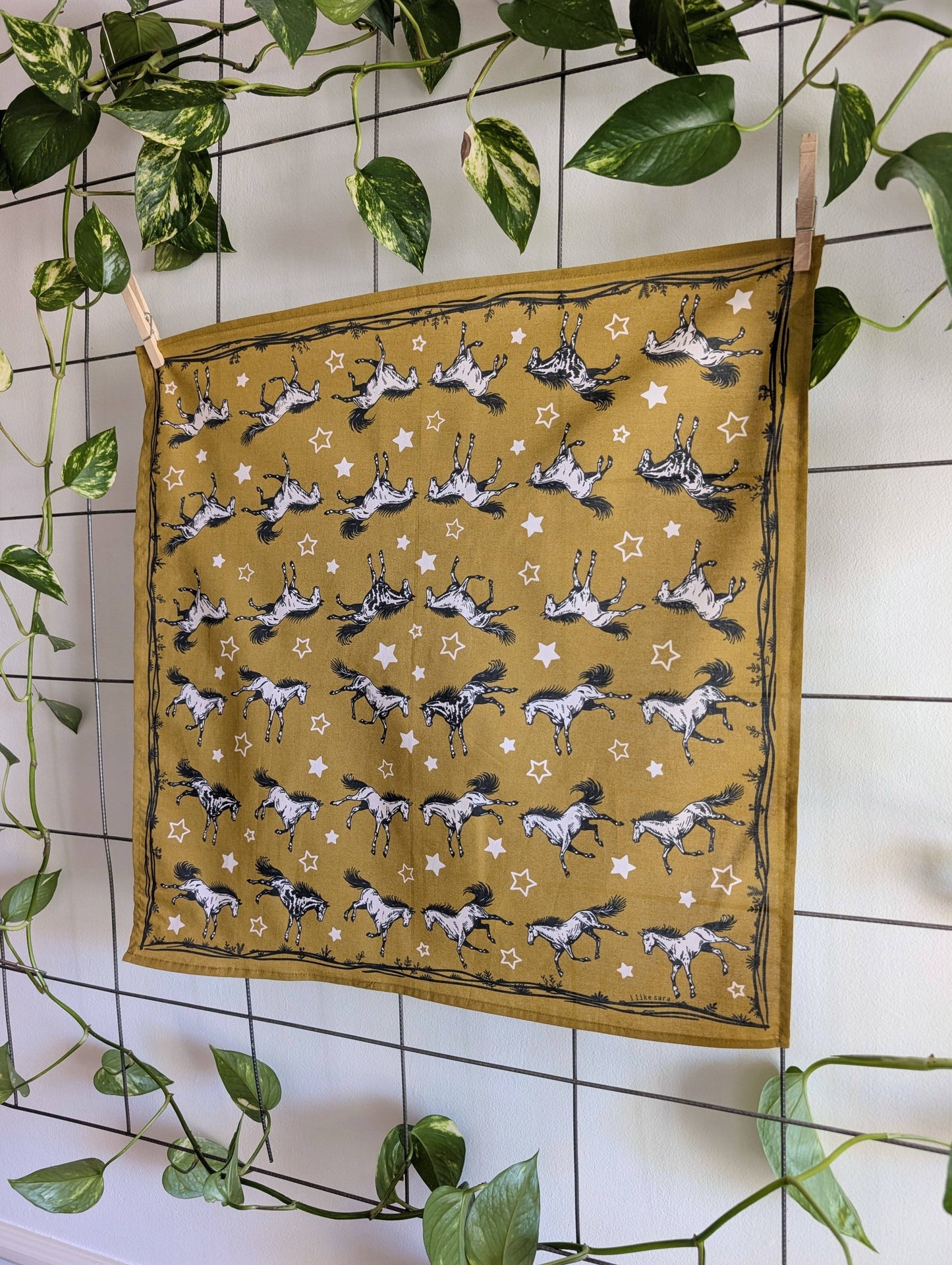ilikesara | art + goods - Bandana | wild horses - dark goldenrod & pale pink cotton scarf