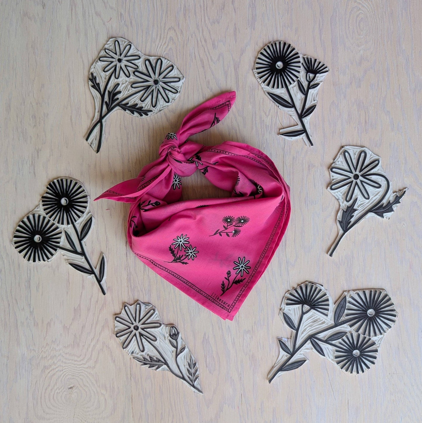 ilikesara | art + goods - Bandana | bloom - hot pink floral pattern flower blockprint scarf neckerchief