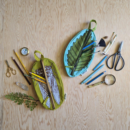ilikesara | art + goods - Zippered pouch | cicada - yellow & brown bug/insect pencil, supply, makeup bag with waterproof lining