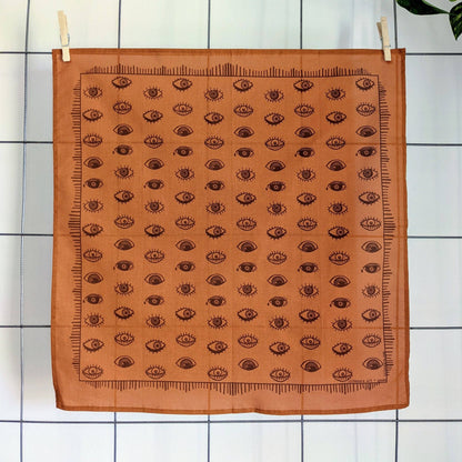 ilikesara | art + goods - Bandana | eyeball - orange & brown folky blockprint eye scarf neckerchief