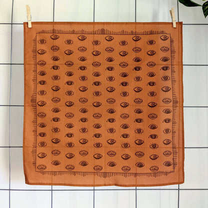 ilikesara | art + goods - Bandana | eyeball - orange & brown folky blockprint eye scarf neckerchief