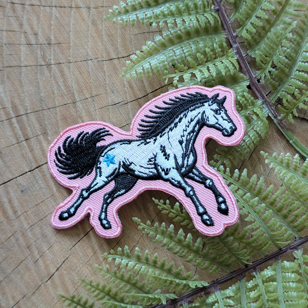 ilikesara | art + goods - Iron-on patch | pink star horse - embroidered Western pony applique