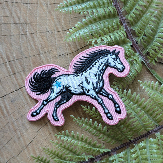 ilikesara | art + goods - Iron-on patch | pink star horse - embroidered Western pony applique