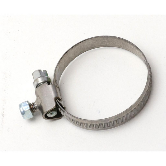 Metal hose clamp on a white background