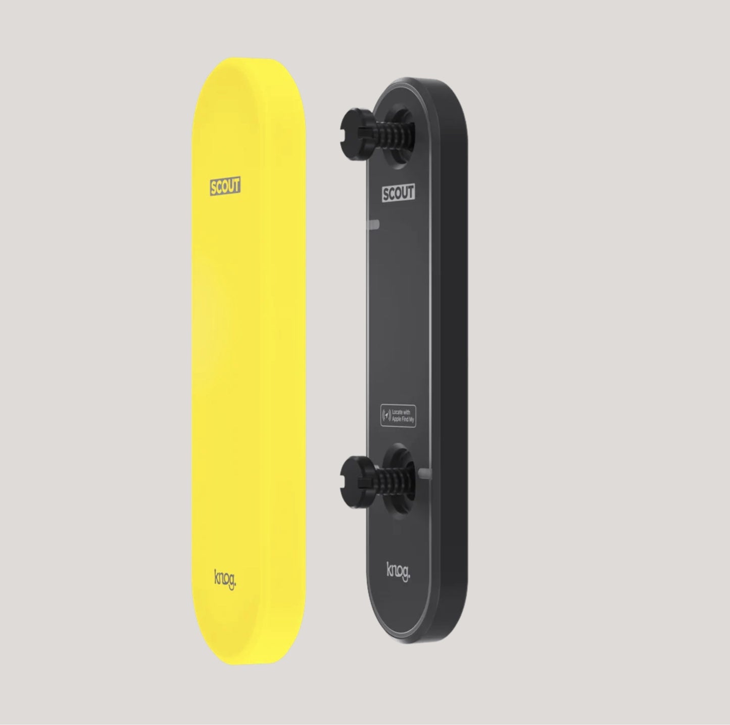 Yellow and black electric skateboard with 'Scout' branding on a light gray background