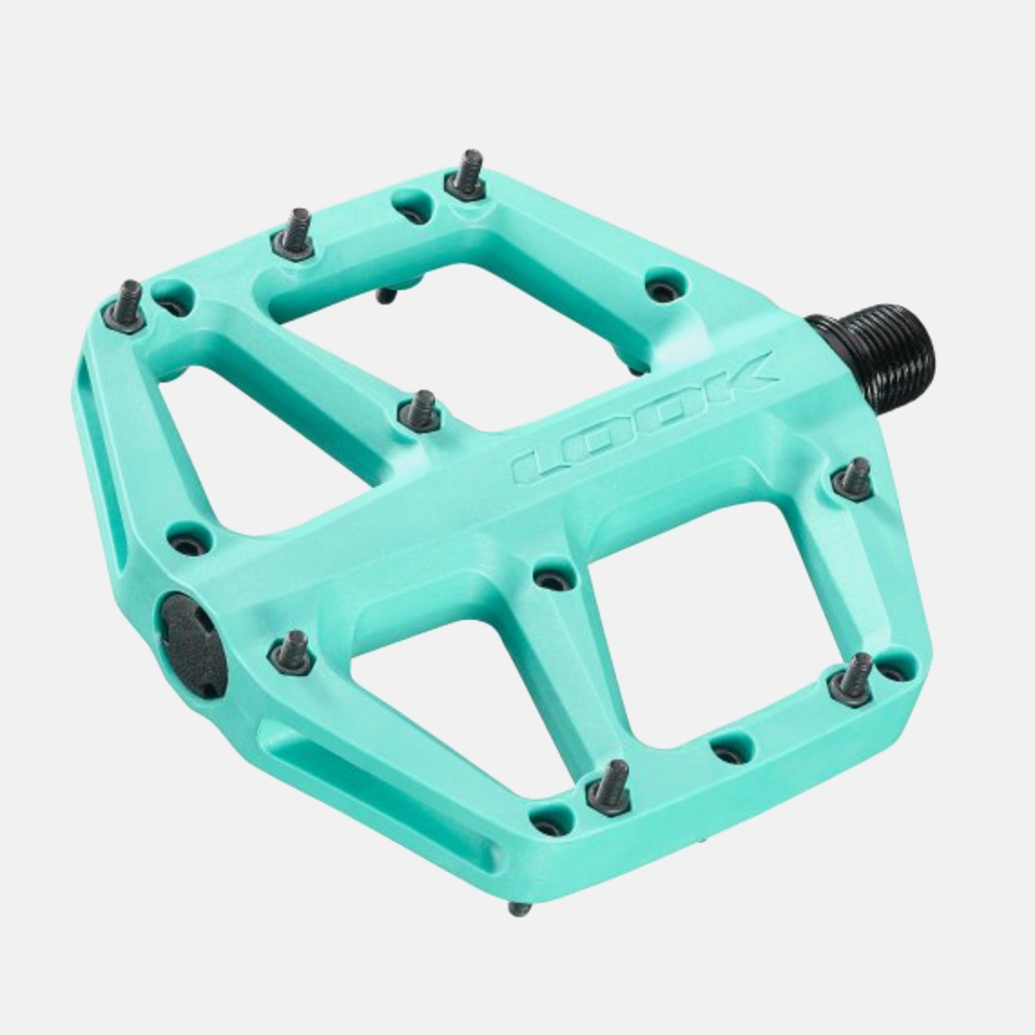 Teal bicycle pedal with black bolts on a white background