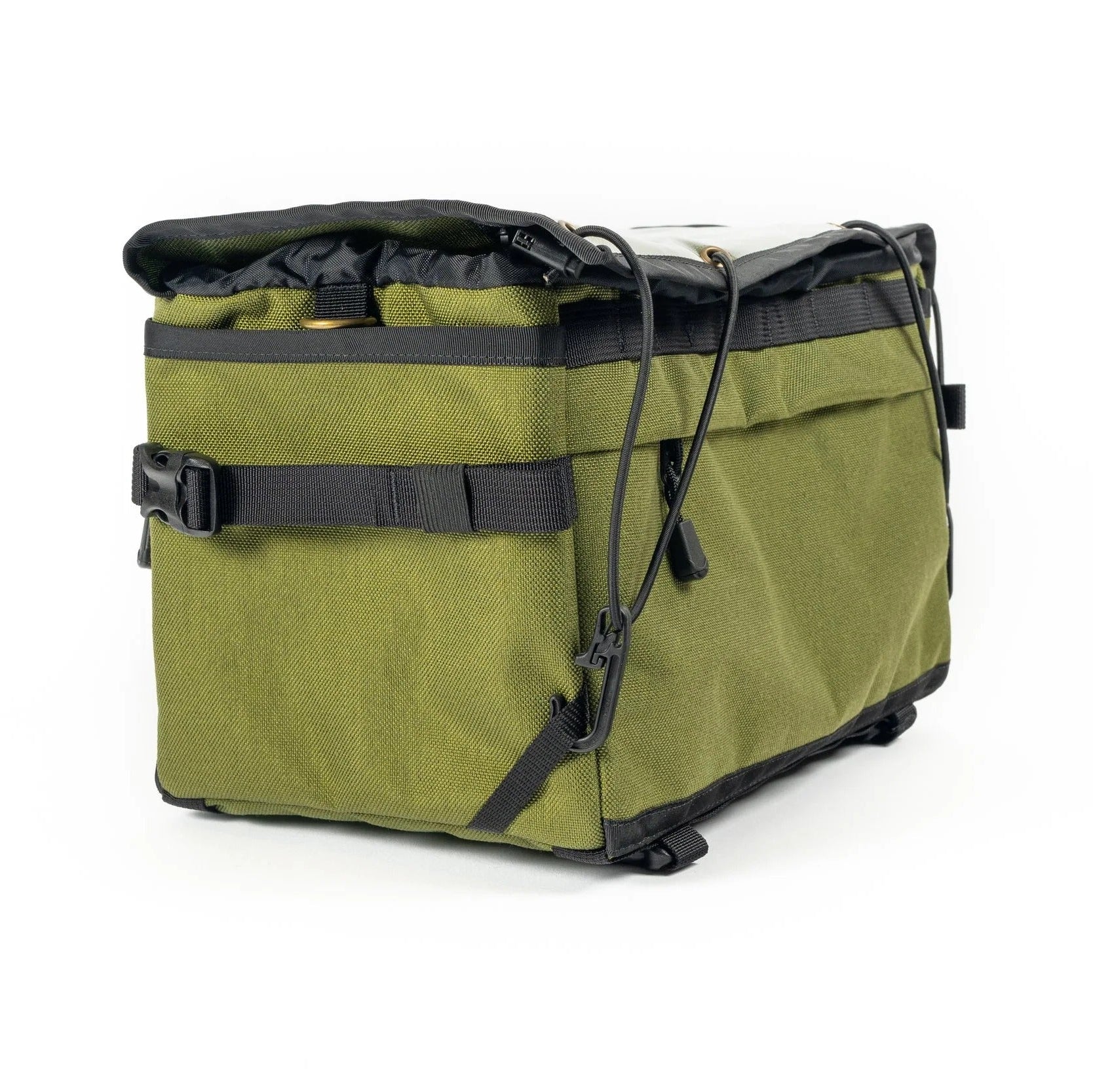 Green bag with black straps on a white background