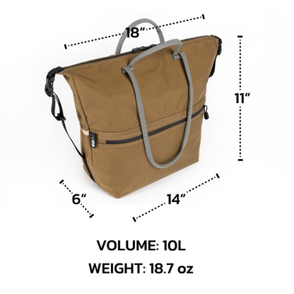 Brown bag with measurements and volume/weight details on a white background