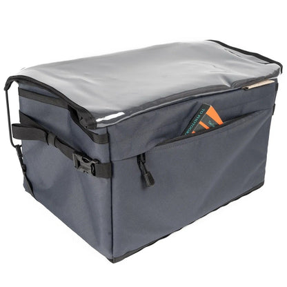 Gray cooler bag with a transparent lid on a white background