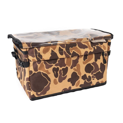 Camouflage-patterned storage box on a white background