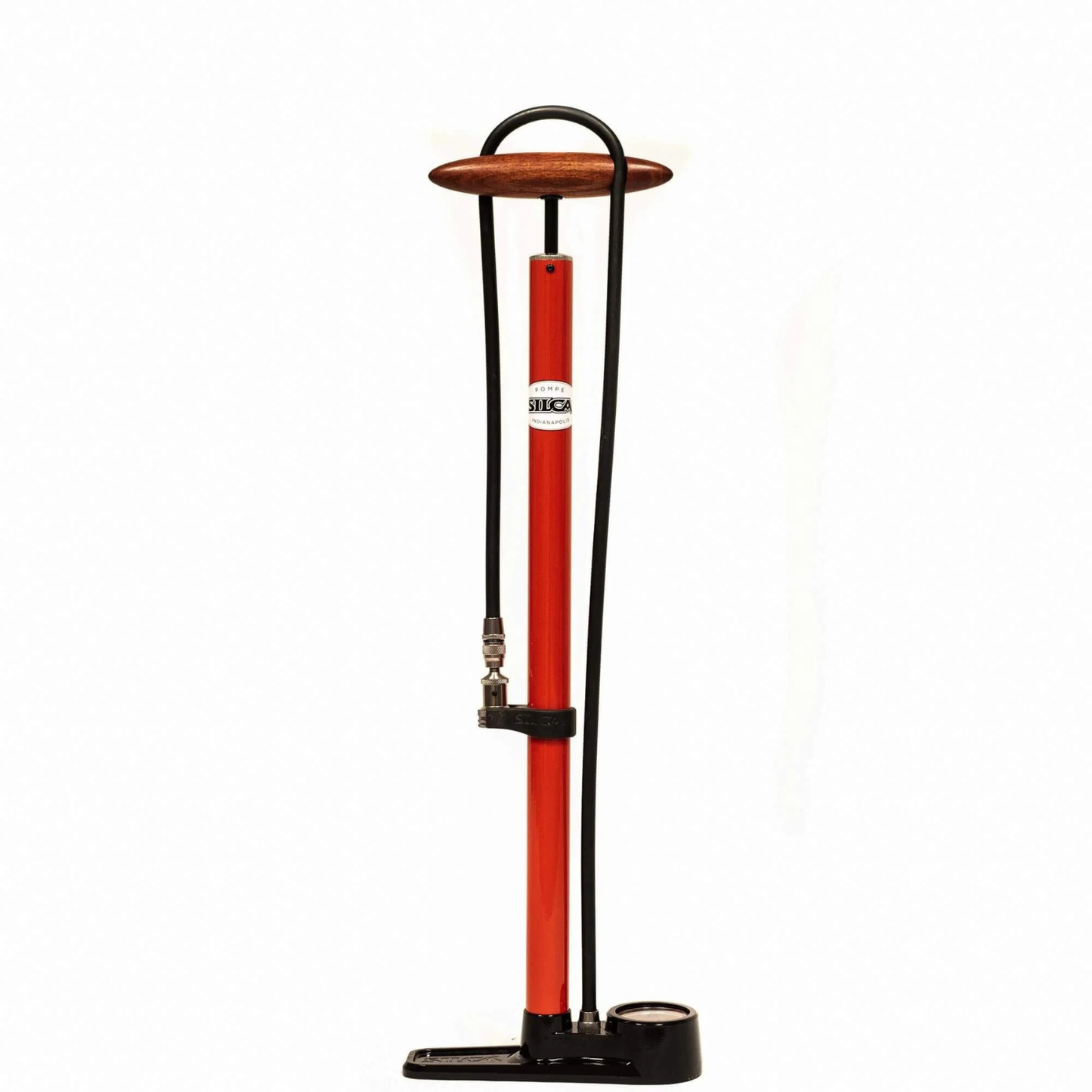 Silca Pista Floor Pump - Steel Body, Compact Ash Wood Handle, 220psi, Classic Press-On Chuck, Red