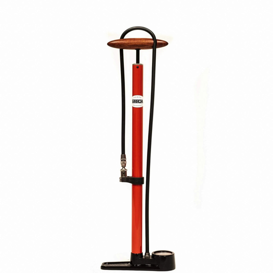 Silca Pista Floor Pump - Steel Body, Compact Ash Wood Handle, 220psi, Classic Press-On Chuck, Red