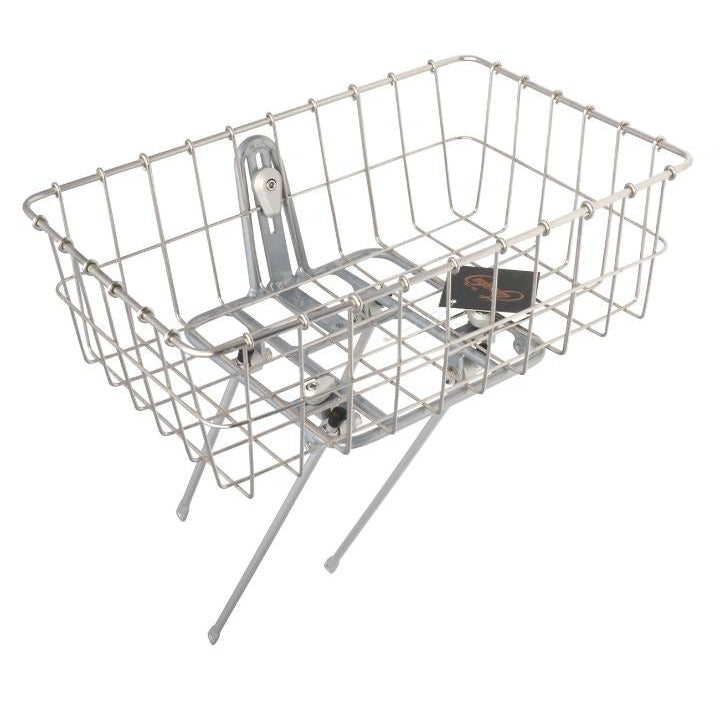 Metal bike basket with mounting bracket on a white background