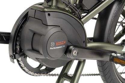 Close-up of a Bosch Performance Line motor on a Tern electric folding bike.