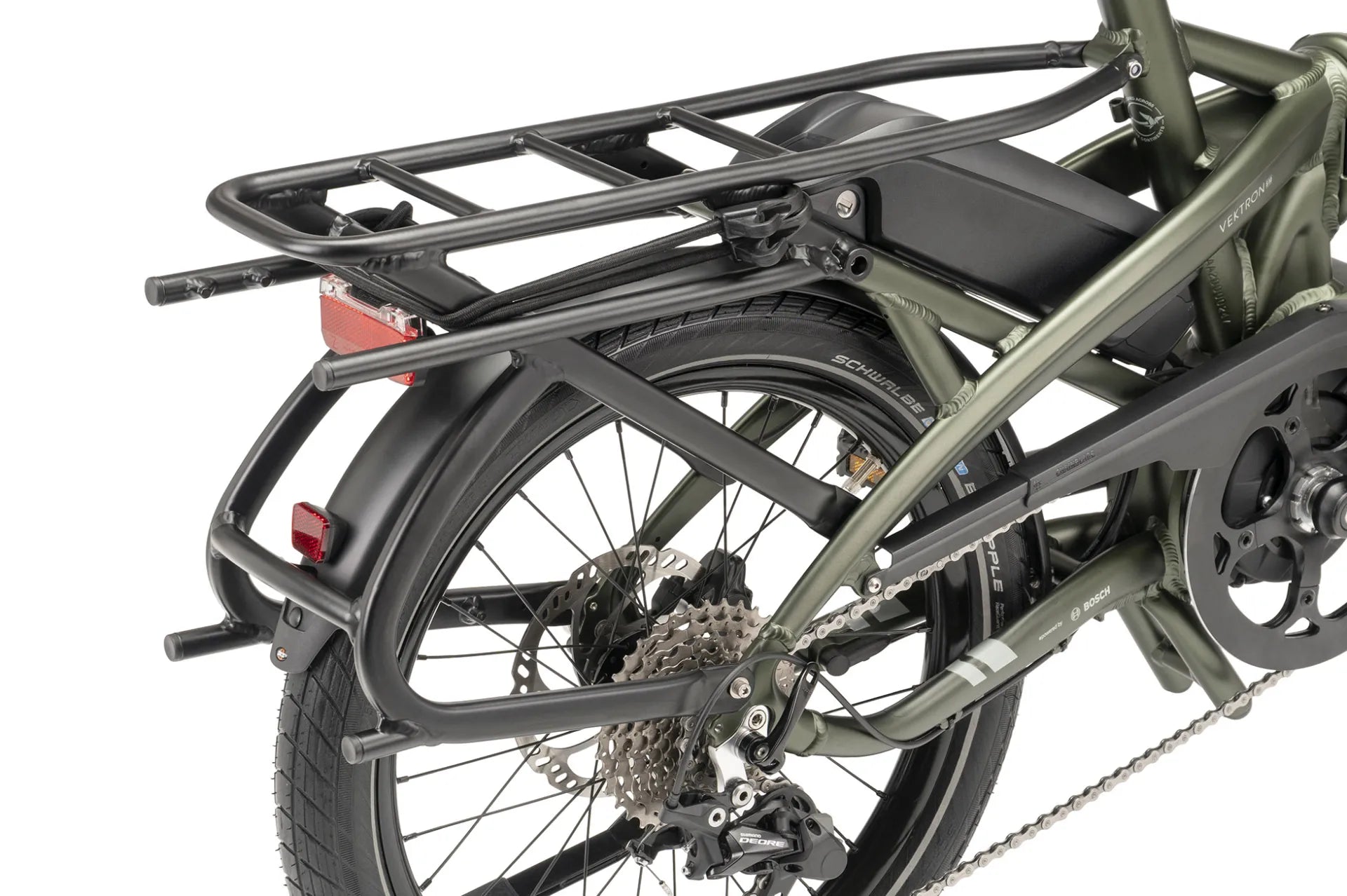 Green Tern Vektron folding ebike with a black rack on a white background