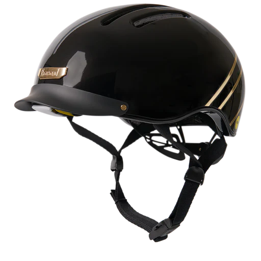 Black helmet with gold accents on a white background