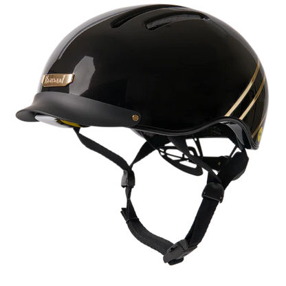 Black helmet with gold accents on a white background